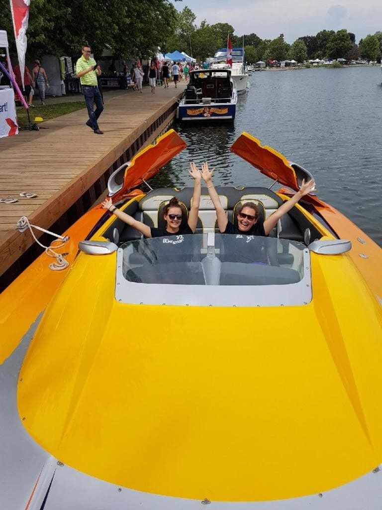 Two women on a yellow boat, boating for beginners concept.