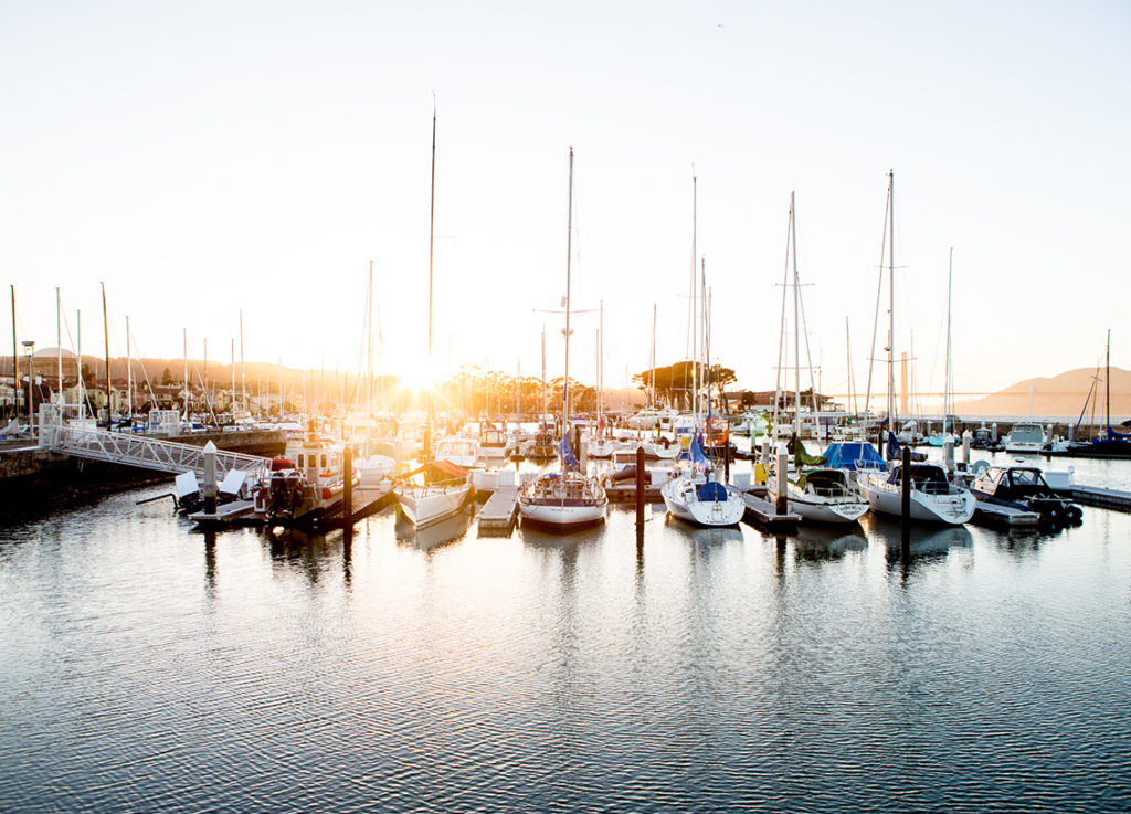 Boats lined up at a dock on the water. 