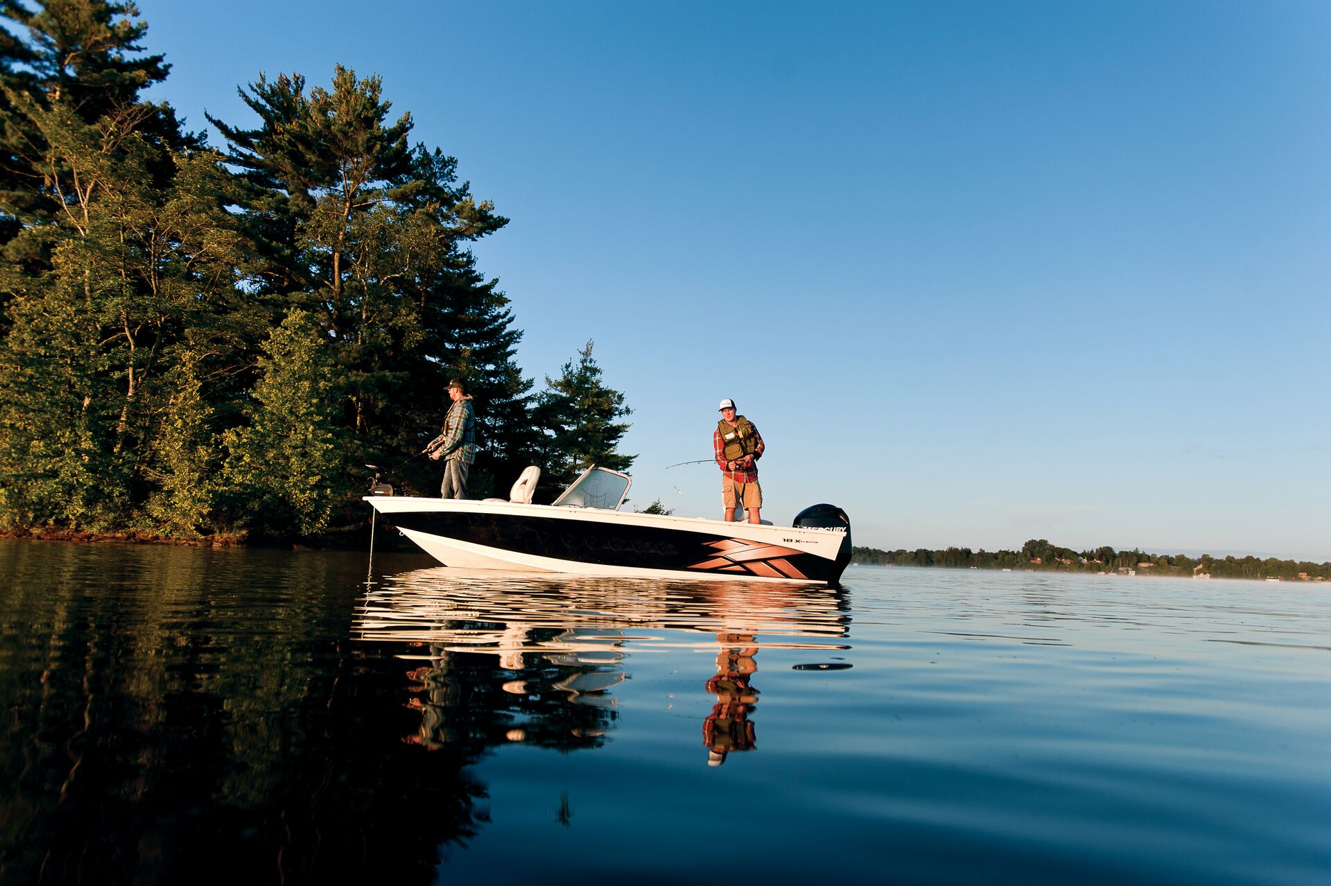 Two guys on a fishing boat, boating in Oklahoma concept.