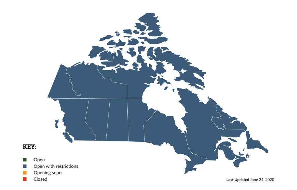 A map illustration of the provinces in Canada highlighting coronavirus restrictions in 2020. 