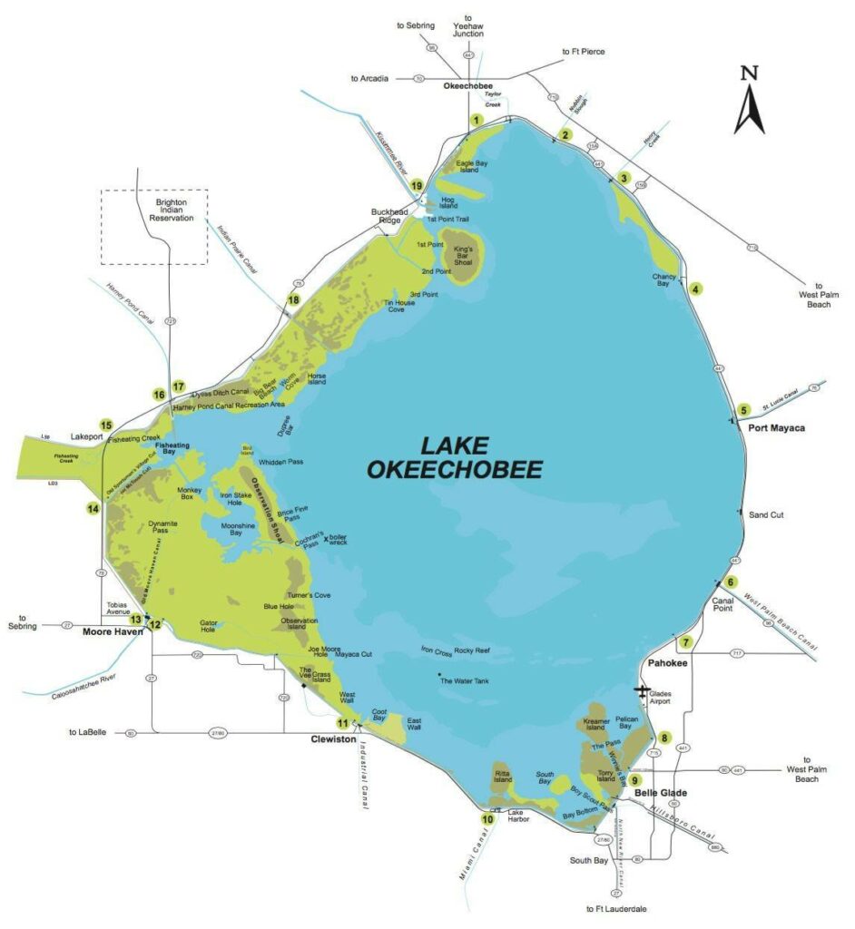 A map of Lake Okeechobee for boating and fishing.