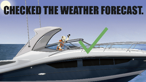 A gif of an illustration showing checking the weather before boating. 
