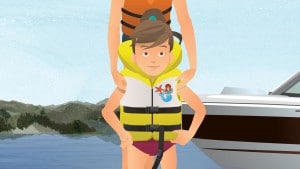 Illustration of a child following Rhode Island's life jacket laws by wearing a properly fitted life jacket.
