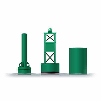 Three green buoys: a spar buoy, a lighted tower buoy, and a flat-topped can buoy