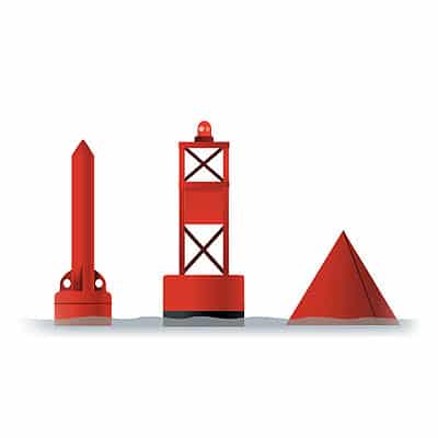 Three red buoys: a pointed spar buoy, a lighted tower buoy, and a cone-shaped buoy
