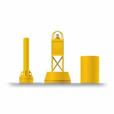 Three yellow buoys: a spar buoy, a lighted tower buoy, and a flat-topped can buoy