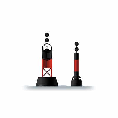 Two black buoys with a red band, each topped with two black balls: a lighted tower buoy and a spar buoy