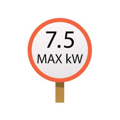 Round sign with an orange border reading 7.5 MAX kW