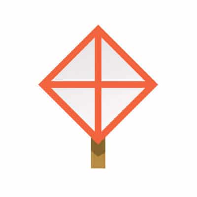 Diamond-shaped sign with an orange border and an orange cross inside