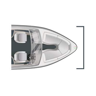 Overhead view of a boat pointing right, with a bracket marking the bow