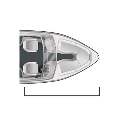Overhead view of a boat pointing right, with a bracket along the side at the bottom of the image