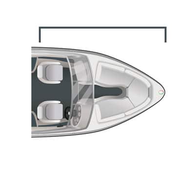 Overhead view of a boat pointing right, with a bracket along the side at the top of the image