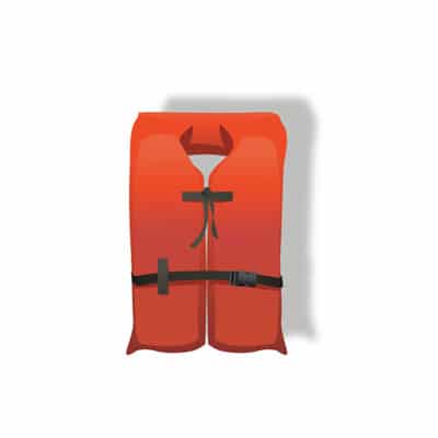 Orange keyhole-style life jacket with a neck collar and a waist strap