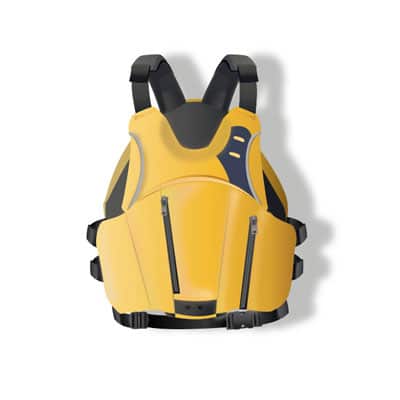 Yellow paddling vest with shoulder straps and a zippered front