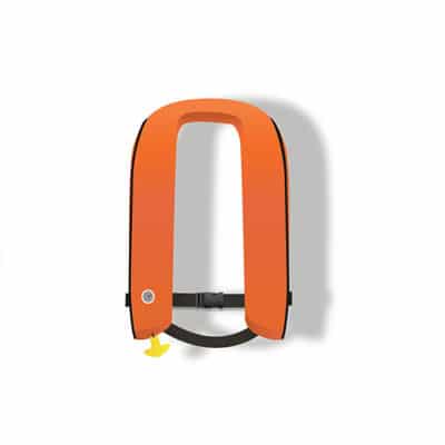 Orange inflatable life jacket worn around the neck, with a yellow pull tab