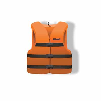 Orange vest-style life jacket with three buckled straps