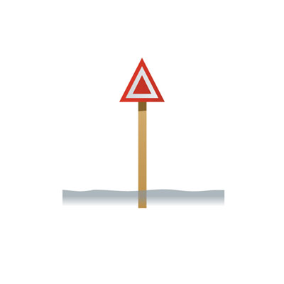 Triangular white sign with a red border and a red triangle, on a post in the water