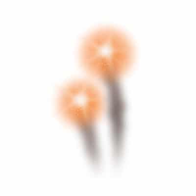 Two orange flares bursting in the air, each trailing smoke