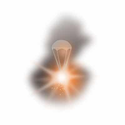 Bright flare hanging from a small parachute, trailing smoke