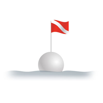 White spherical buoy with a red flag crossed by a white diagonal stripe