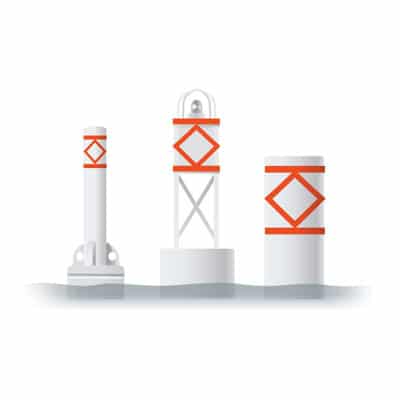Three white buoys with orange bands and an orange diamond: a spar buoy, a lighted tower buoy, and a can buoy