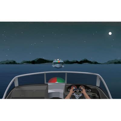 Night view from a boat's helm: another power boat straight ahead, approaching head-on