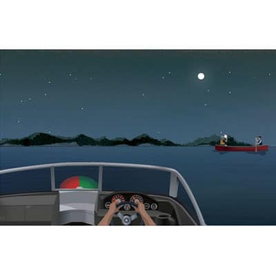 Night view from a boat's helm: a canoe with two paddlers ahead to the right