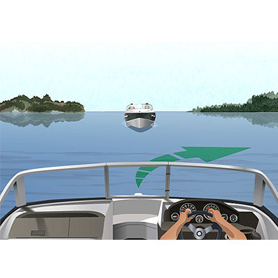 Boat approaching head-on, with a green arrow showing a turn to the right