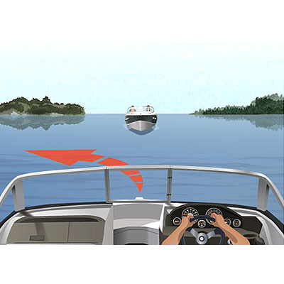 Boat approaching head-on, with a red arrow showing a turn to the left