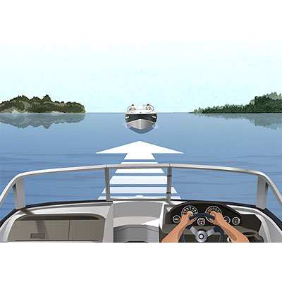 Boat approaching head-on, with a white arrow pointing straight ahead