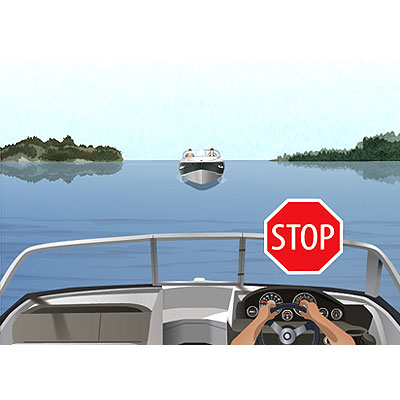 Boat approaching head-on, with a stop sign