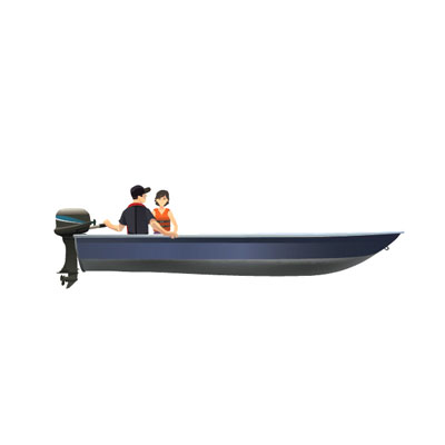 Small aluminum boat with the operator and a passenger sitting together at the stern