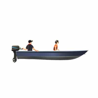 Small aluminum boat with the operator at the stern and a passenger sitting in the middle