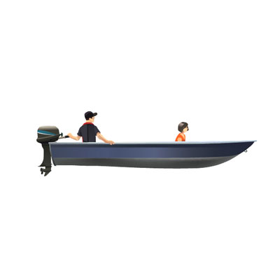 Small aluminum boat with the operator at the stern and a passenger sitting low near the bow