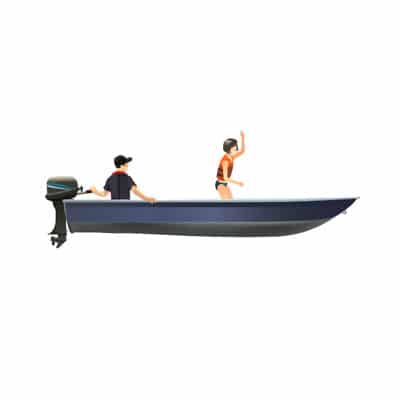 Small aluminum boat with the operator at the stern and a passenger standing and waving near the bow