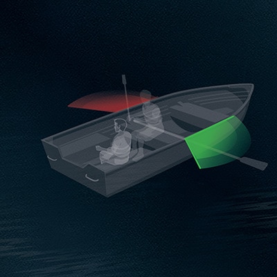 Rowboat at night showing a red and a green sidelight