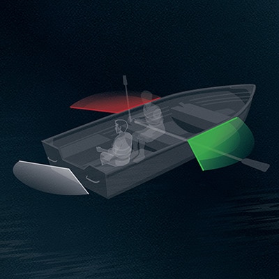 Rowboat at night showing a red and a green sidelight and a white stern light
