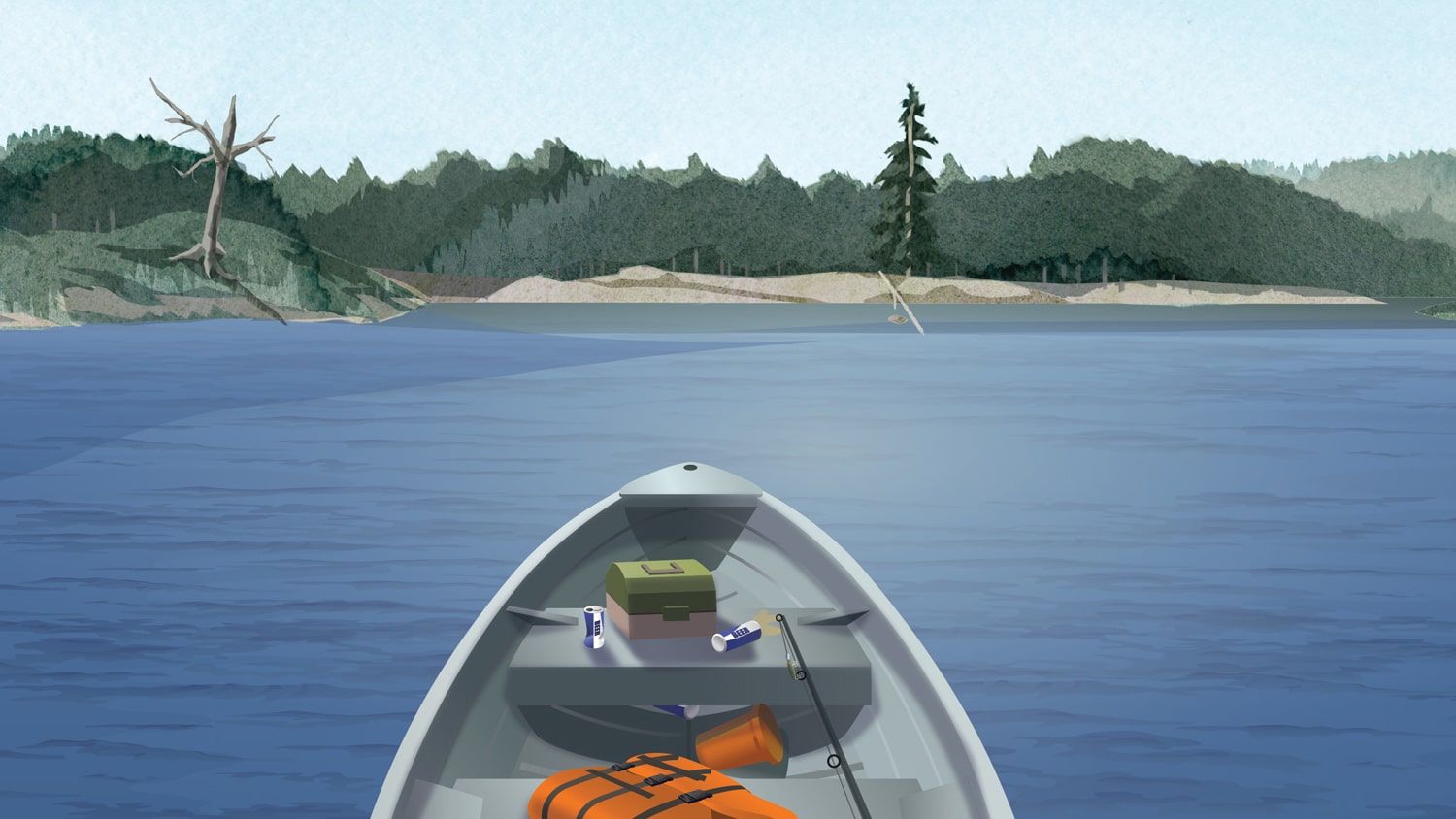 Small aluminum boat littered with alcohol cans, operating on calm waters. Illustration.